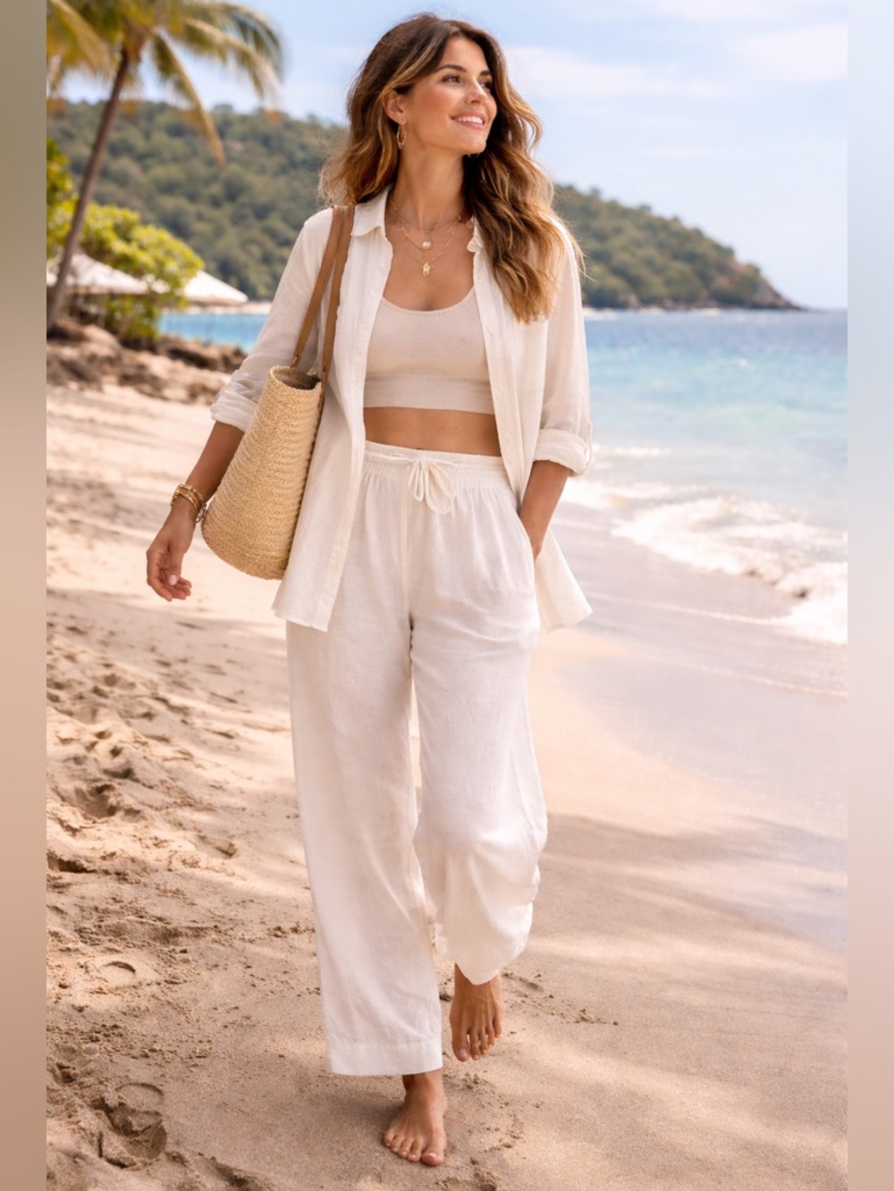 BRYN WALKER 100% Linen White Straight Leg Pants Women's Large Lagenlook‎ Beach